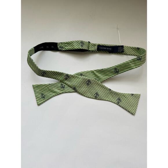 Handsewn Land's End Striped Green Adjustable Silk Bow Tie with Navy Anchors - Picture 1 of 4